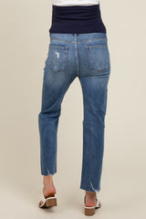 Blue Distressed Cut Hem Slim Straight Maternity Jeans