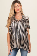 Black Striped Ruffle Sleeve Button Down Maternity Blouse