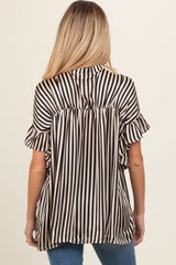 Black Striped Ruffle Sleeve Button Down Maternity Blouse