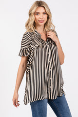 Black Striped Ruffle Sleeve Button Down Blouse