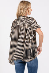 Black Striped Ruffle Sleeve Button Down Blouse