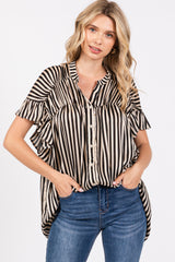 Black Striped Ruffle Sleeve Button Down Blouse