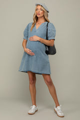 Blue Denim Pocketed Maternity Dress