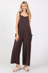 Brown Linen Shoulder Tie Jumpsuit