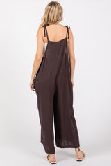 Brown Linen Shoulder Tie Jumpsuit