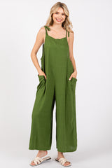 Green Linen Shoulder Tie Maternity Jumpsuit