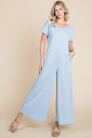 Light Blue Ribbed Wide Leg Jumpsuit