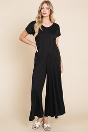 Black Ribbed Wide Leg Jumpsuit