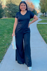 Black Ribbed Wide Leg Jumpsuit