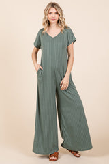 Olive Ribbed Wide Leg Jumpsuit