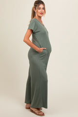 Olive Ribbed Wide Leg Maternity Jumpsuit