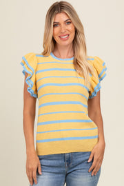 Yellow Striped Ruffle Sleeve Sweater Top