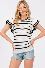 Ivory Striped Ruffle Sleeve Knit Top