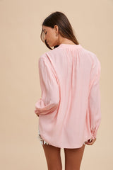 Peach Button Front Long Puff Sleeve Top