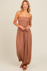 Mocha Damask Smocked Balloon Leg Jumpsuit