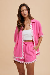 Fuchsia Ric Rac Trim Detailed Shirt and Shorts Set