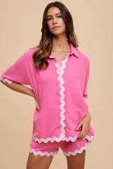 Fuchsia Ric Rac Trim Detailed Shirt and Shorts Set