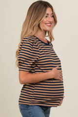 Navy Multi Striped Puff Sleeve Knit Maternity Top