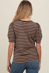 Navy Multi Striped Puff Sleeve Knit Maternity Top