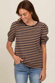 Navy Multi Striped Puff Sleeve Knit Top