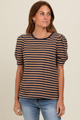 Navy Multi Striped Puff Sleeve Knit Top