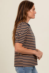 Navy Multi Striped Puff Sleeve Knit Top