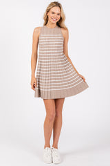 Taupe Striped Sleeveless Pleated Mini Dress