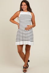 Cream Striped Sleeveless Pleated Maternity Mini Dress