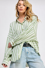 Light Olive Striped Front Pocket Maternity Shirt