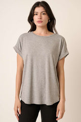 Grey Rolled Cuff Short Sleeve Top