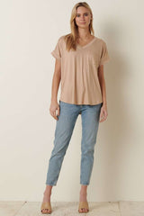 Beige V-Neck Pocket Short Sleeve Maternity Shirt