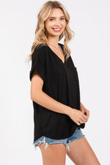 Black V-Neck Pocket Short Sleeve Shirt