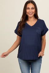 Navy V-Neck Pocket Short Sleeve Maternity Shirt