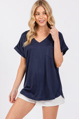 Navy V-Neck Pocket Short Sleeve Maternity Shirt