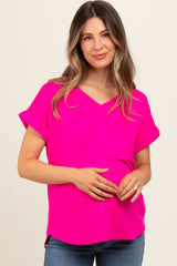 Fuchsia V-Neck Pocket Short Sleeve Maternity Shirt