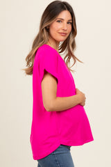 Fuchsia V-Neck Pocket Short Sleeve Maternity Shirt