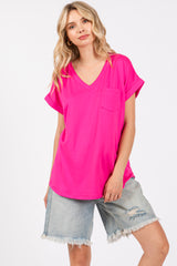 Fuchsia V-Neck Pocket Short Sleeve Maternity Shirt