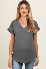 Charcoal V-Neck Pocket Short Sleeve Maternity Shirt