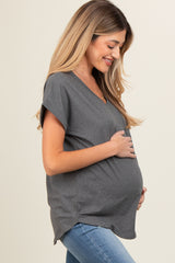 Charcoal V-Neck Pocket Short Sleeve Maternity Shirt