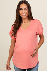 Coral V-Neck Pocket Short Sleeve Maternity Shirt