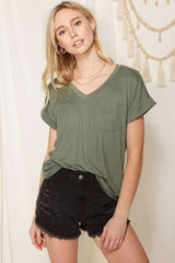 Olive V-Neck Pocket Short Sleeve Maternity Shirt