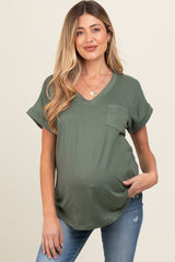 Olive V-Neck Pocket Short Sleeve Maternity Shirt