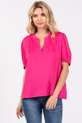 Fuchsia V-Neck Puff Sleeve Blouse