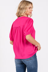 Fuchsia V-Neck Puff Sleeve Blouse