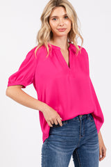 Fuchsia V-Neck Puff Sleeve Blouse