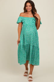 Green Floral Ruffle Off Shoulder Maternity Midi Dress