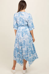 Blue Printed V-Neck Draped Maternity Maxi Dress