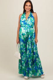 Blue Floral Pleated Halter Maternity Jumpsuit