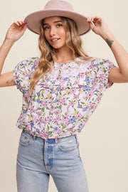 Lavender Button Front Ruffled Lace Detail Crop Blouse Top