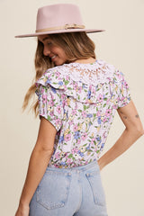 Lavender Button Front Ruffled Lace Detail Crop Blouse Top